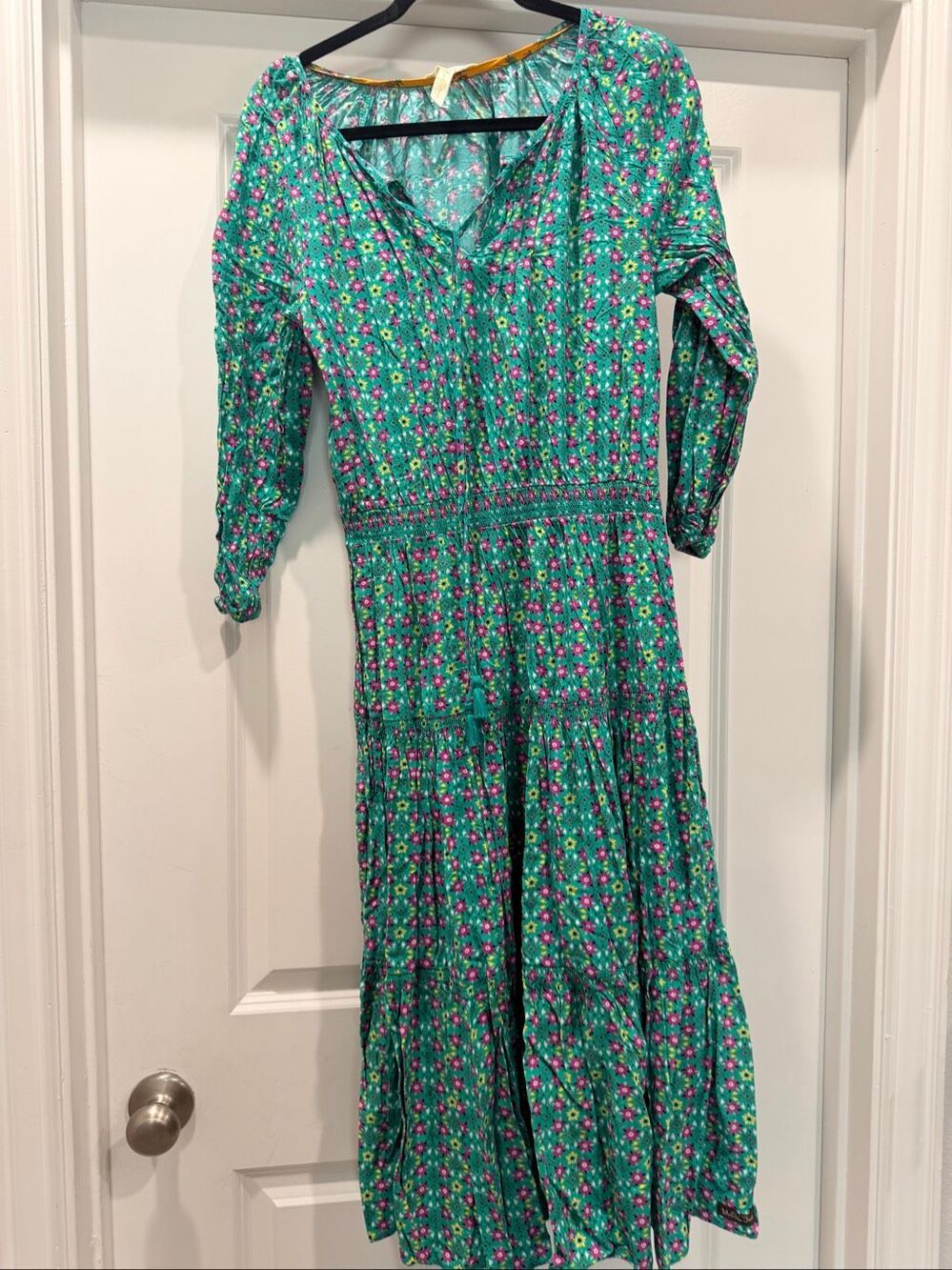 Matilda Jane Green Floral Tiered Long Sleeve Maxi Dress Boho Button Front Sz S